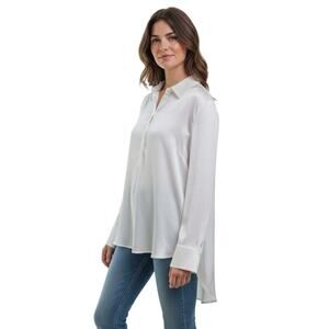 New Chico's Black Label LS Silk Blend 1/4 Button High Low Blouse White Large